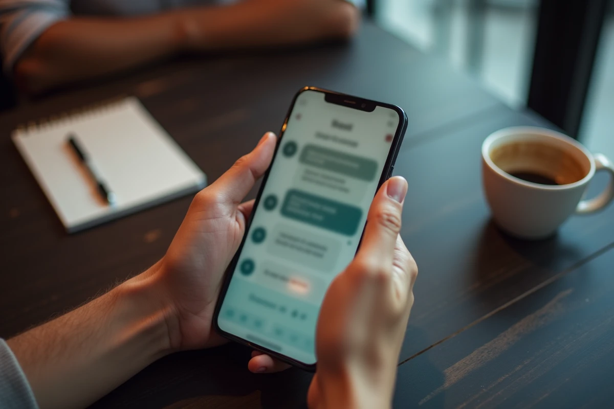 Mains tenant un smartphone pour envoyer un SMS confidentiel dans un café