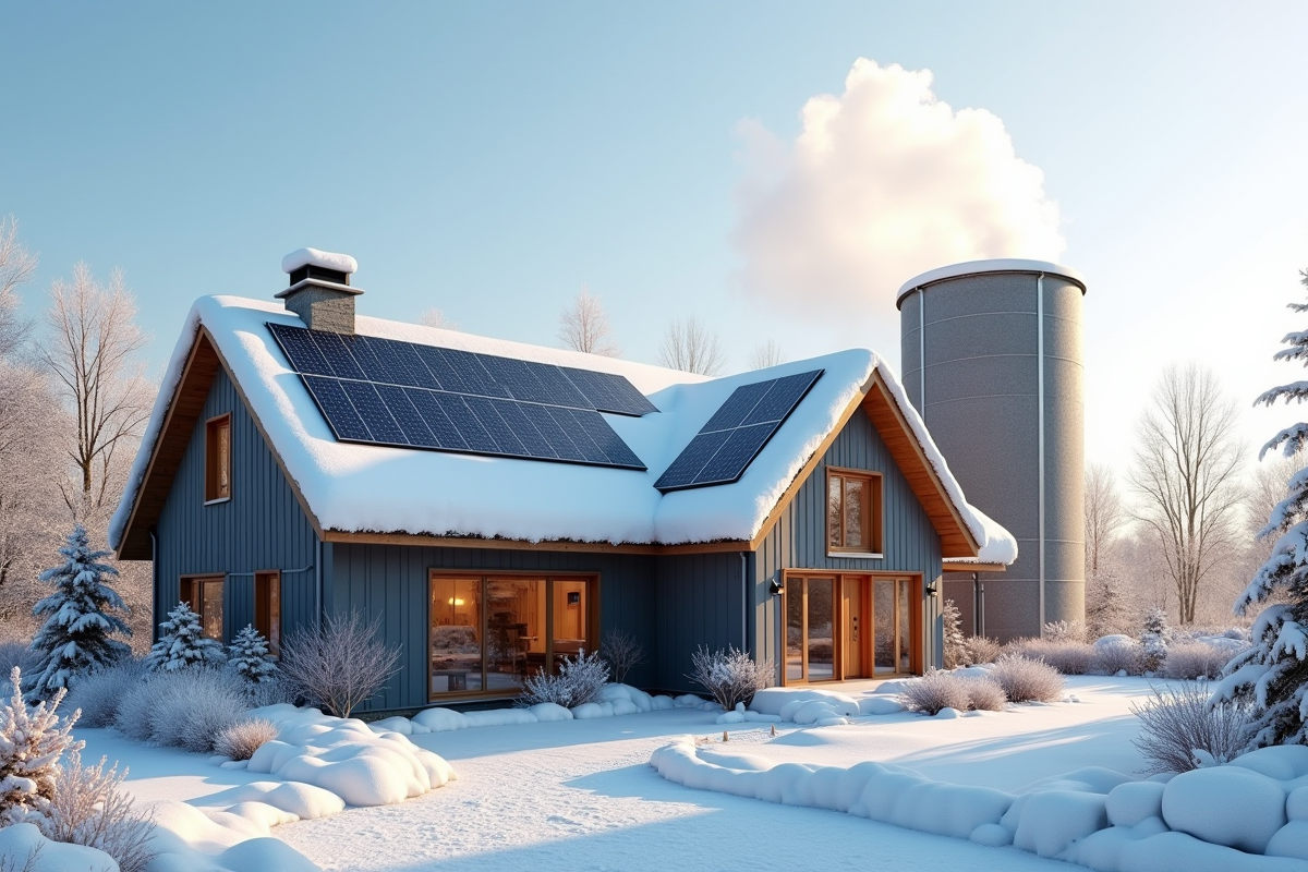 Maison écologique avec panneaux solaires et silo à pellets