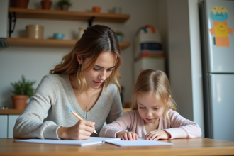 Maman aidant sa fille à faire ses devoirs dans la cuisine