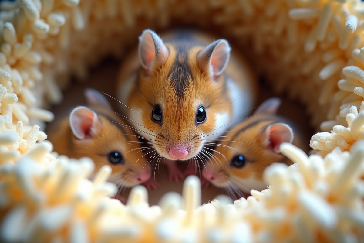 Maman hamster russe avec ses petits dans la litiere blanche