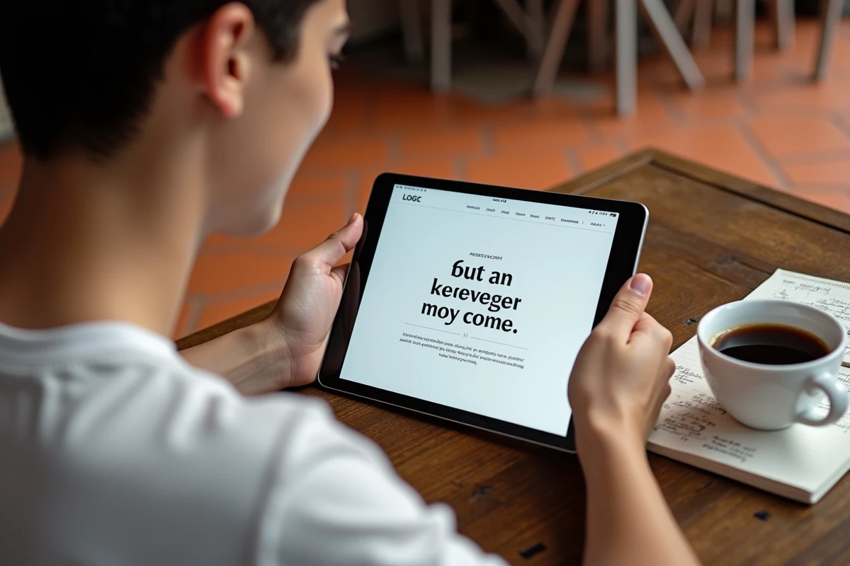Mains tenant une tablette affichant une maquette web avec polices serif et sans-serif dans un café
