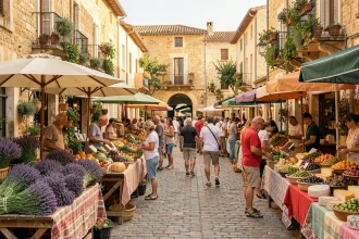 Marché provençal animé d'Aix-en-Provence avec étals colorés de produits locaux, lavande et olives sur fond de bâtiments en pierre calcaire