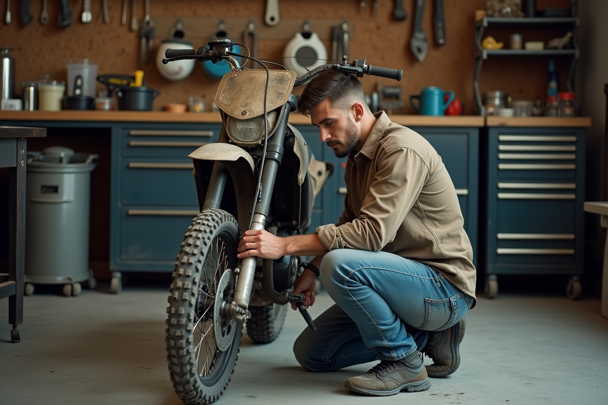 Jeune mecanicien ajuste la chaine d'un dirt bike en atelier
