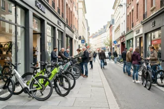 Vue large d'une rue commerçante en Seine-Saint-Denis avec des magasins de vélos électriques et des clients qui les examinent