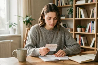 Femme qui révise des fiches mémo le matin à son bureau pour optimiser la mémorisation