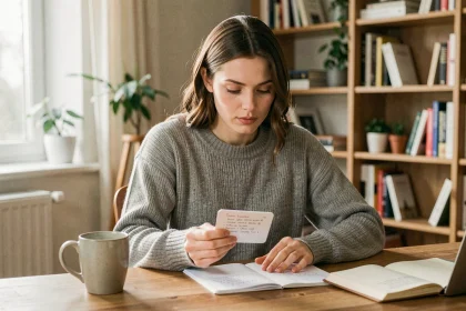Femme qui révise des fiches mémo le matin à son bureau pour optimiser la mémorisation