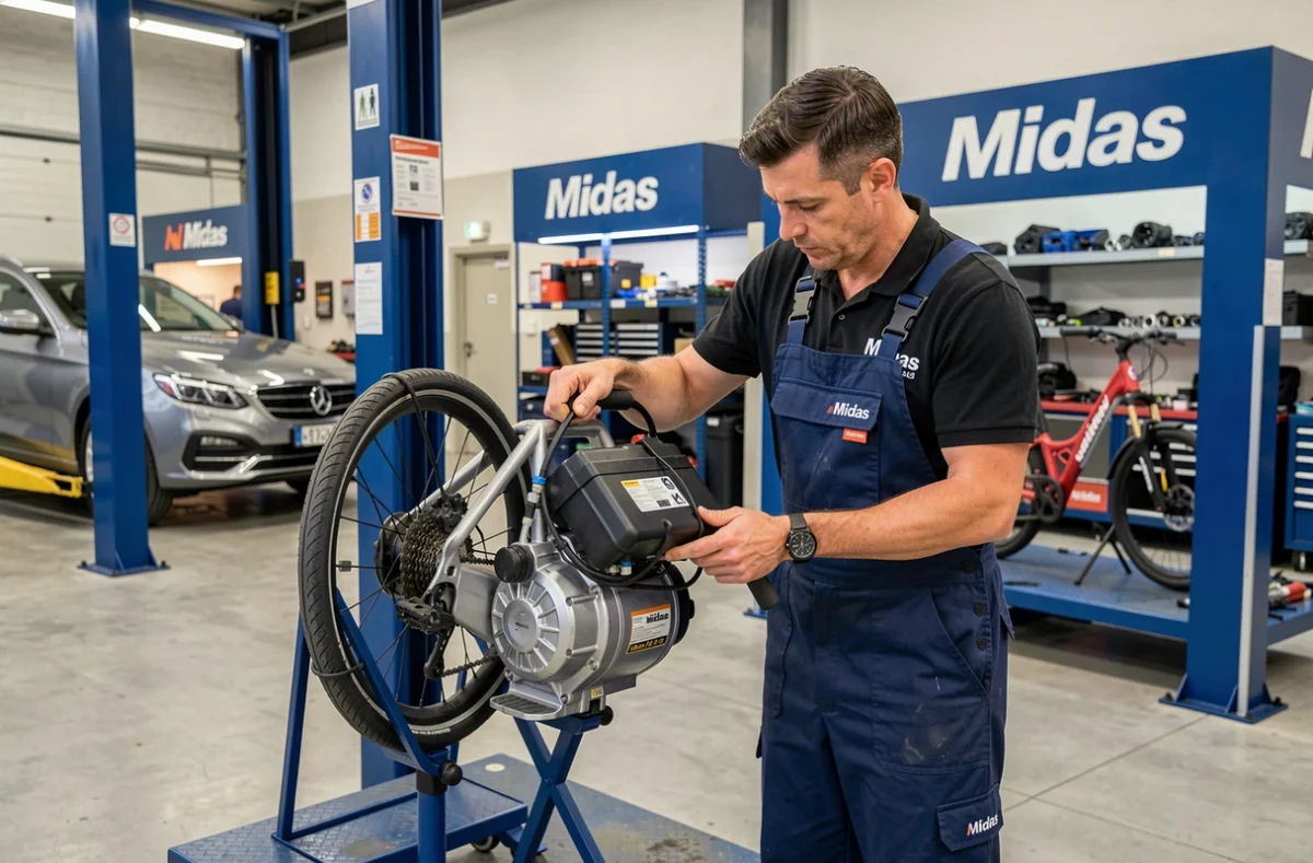 Technicien Midas Saint-Denis inspectant le moteur d'un vélo électrique dans l'espace entretien dédié du centre auto