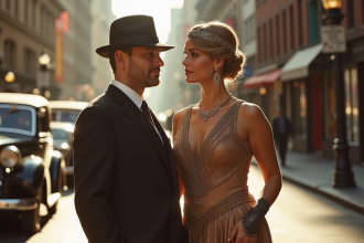 Femme et homme élégants dans la mode 1920s en ville
