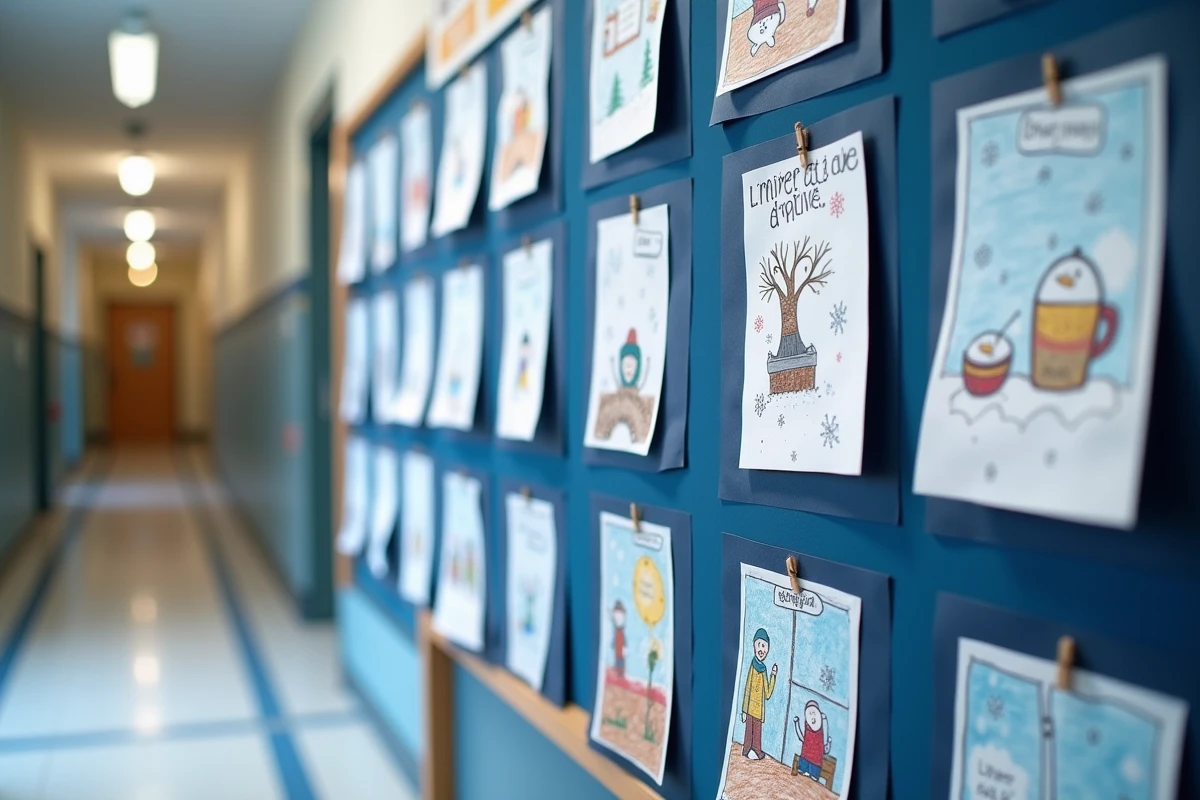 Mur d'affichage scolaire dédié à la poésie L'hiver est là avec illustrations d'élèves en couleurs dans un couloir d'école primaire