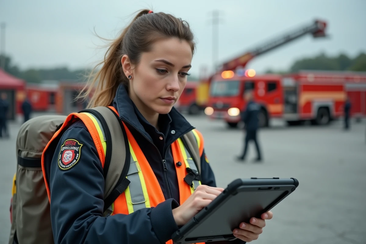 Officier femme des pompiers consultant une tablette de gestion des ressources en temps réel sur le terrain lors d'une opération