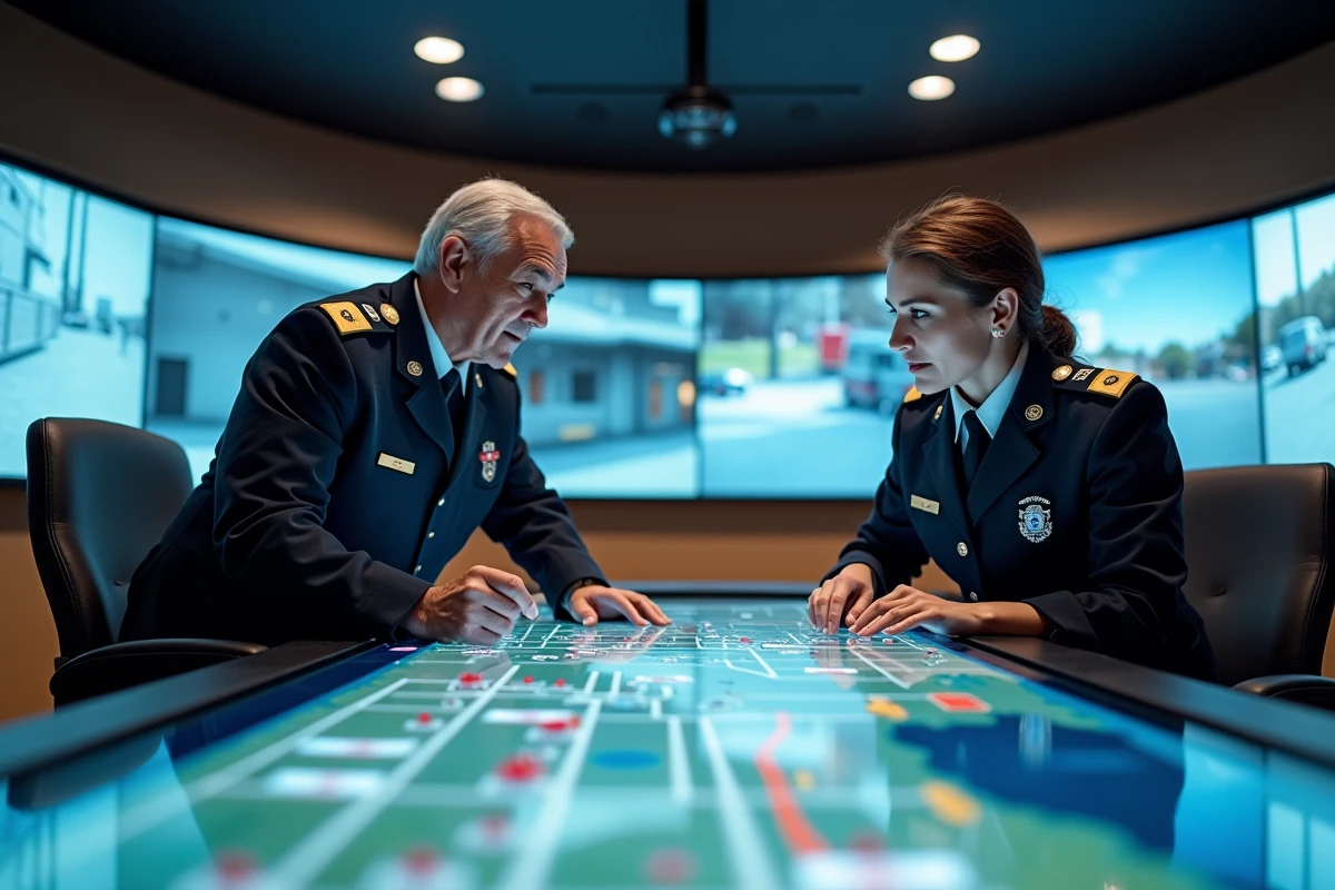 Deux officiers pompiers collaborant autour d'une table tactile de commandement affichant une carte opérationnelle en temps réel