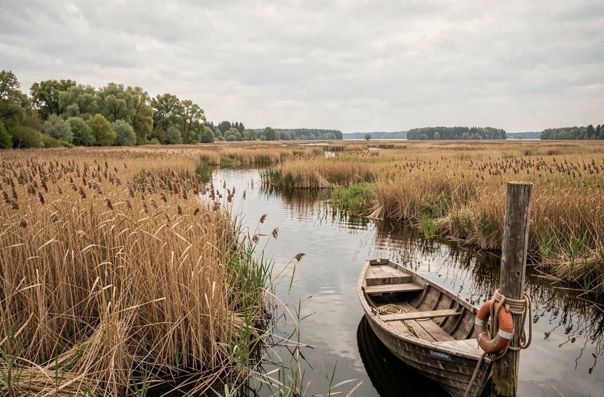 Panorama du delta du Danube avec canaux entrelacés, roselières et barque traditionnelle en bois