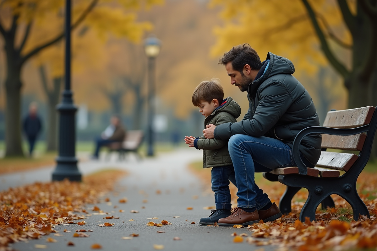 Pere attentif parlant avec son fils au parc