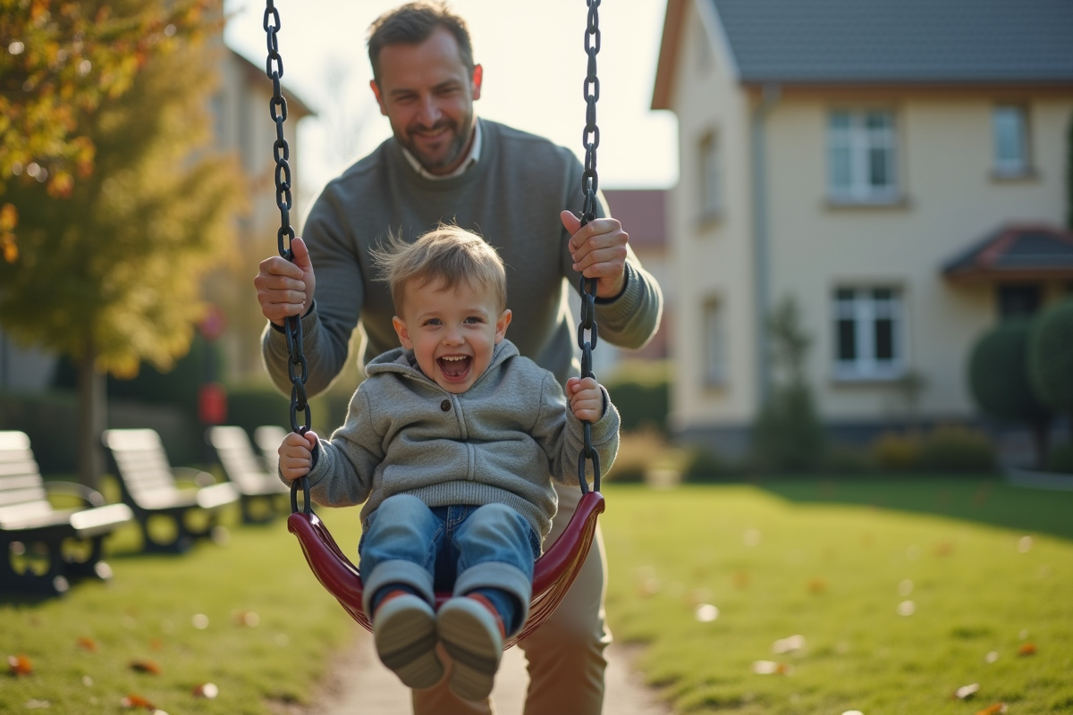 Père poussant son fils sur une balançoire au parc