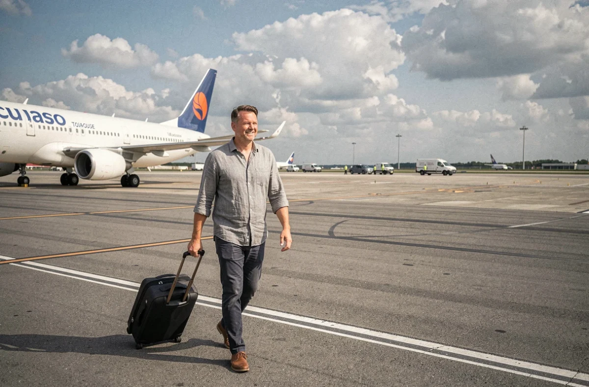 Passager marchant sur le tarmac de l'aéroport Toulouse-Blagnac avec un bagage cabine