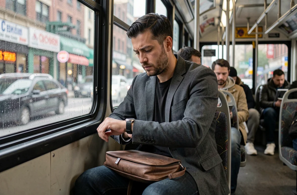 Passager dans le bus regardant sa montre pendant son trajet quotidien domicile-travail