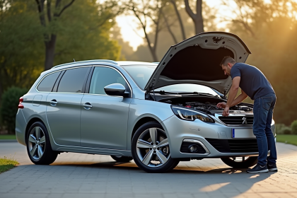 Voiture Peugeot 308 station wagon vérification moteur en plein jour