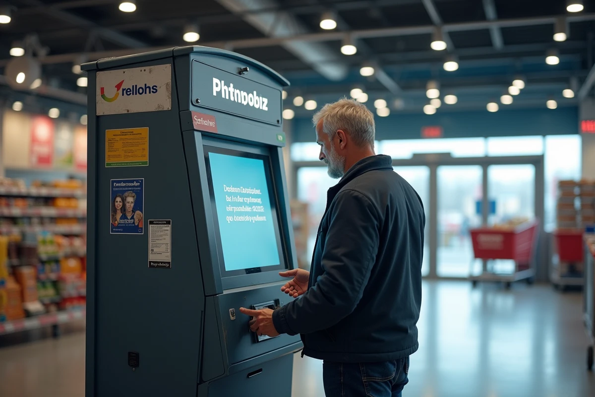 Homme lisant les instructions d'un photomaton à l'entrée d'une grande surface française