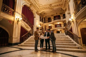 Visiteurs étudiant le plan du Grand Rex dans le hall art déco avant une avant-première cinéma