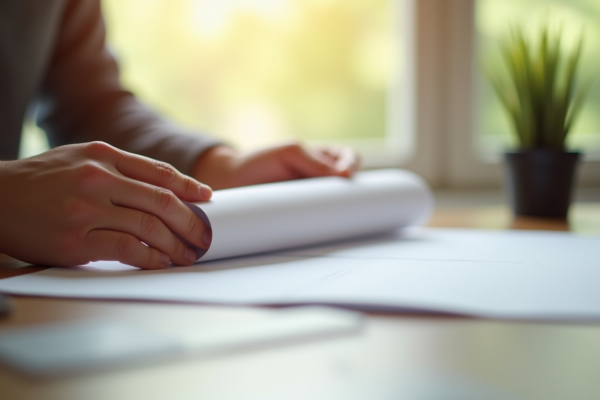 Mains pliant une feuille de papier blanc sur un bureau lumineux