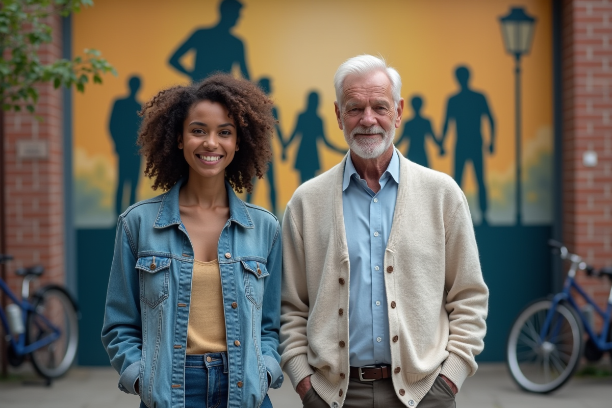 Jeune femme et homme âgé devant un mur coloré