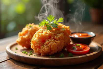 Cobbette de poulet frit KFC sur assiette en bois naturelle