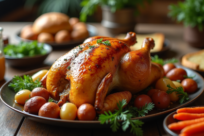Poulet rôti doré sur une table en bois rustique avec légumes
