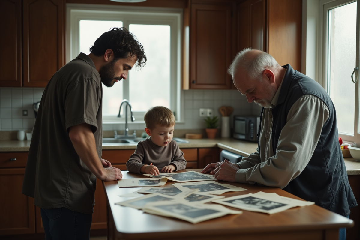 Père et son fils regardant des photos de famille