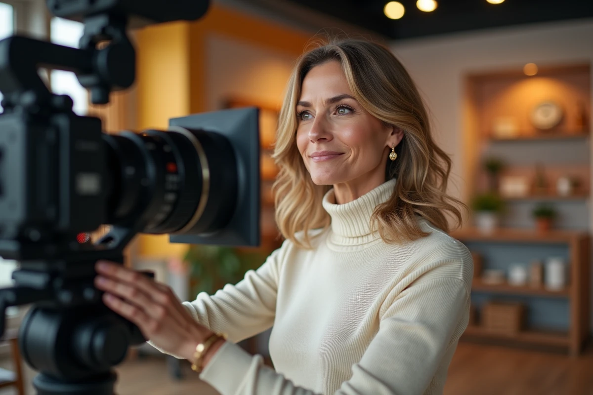 Femme présentatrice posant près d'une caméra de télévision en studio lors d'une répétition avant émission
