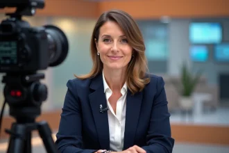 Présentatrice de télévision assise face caméra dans un studio de morning show, regard direct et sourire professionnel