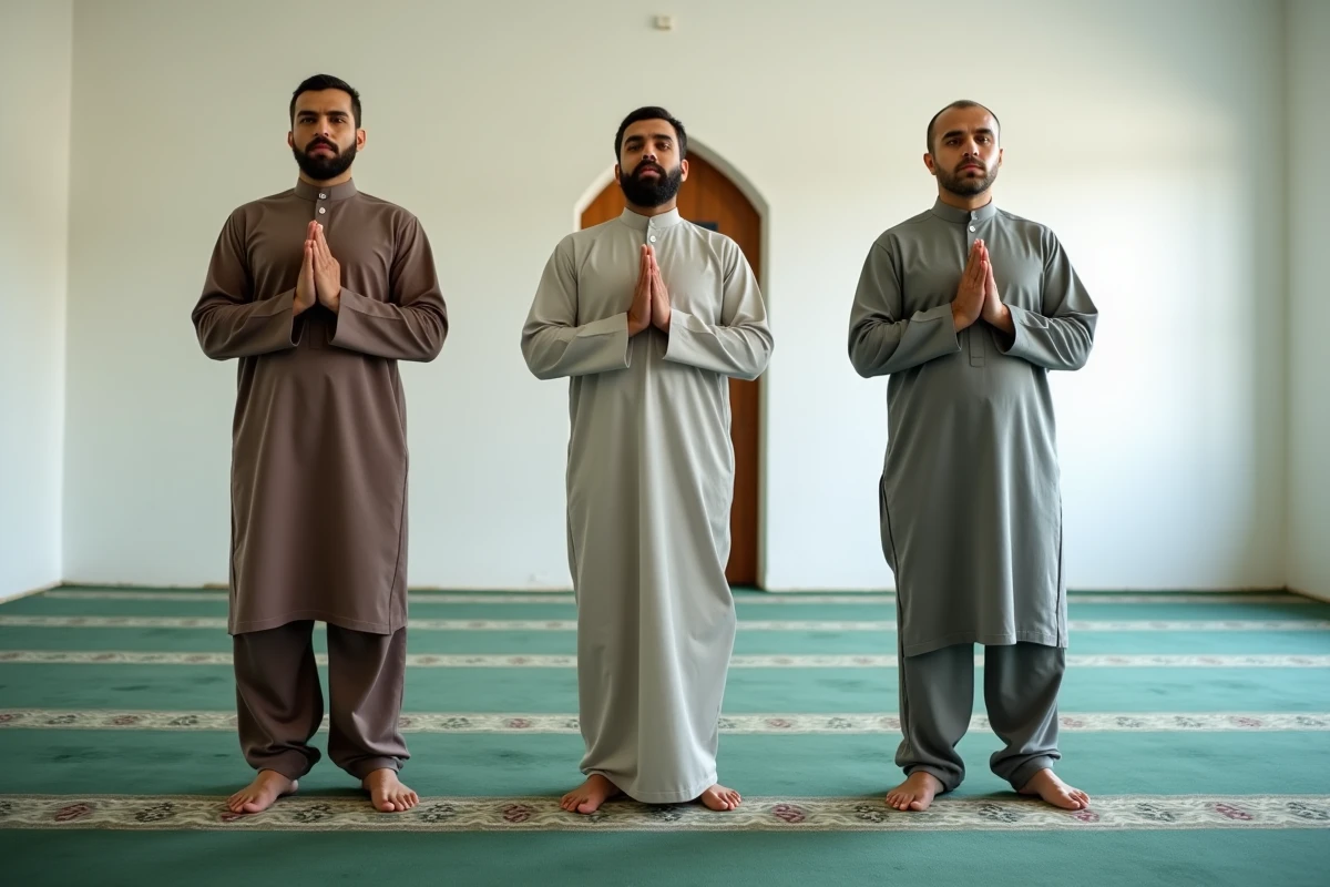 Groupe d'hommes en prière collective dans une mosquée du quartier de Vénissieux