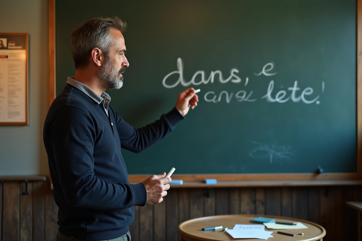 Professeur de français expliquant l'usage de la préposition dans le devant un tableau noir avec des exemples écrits à la craie
