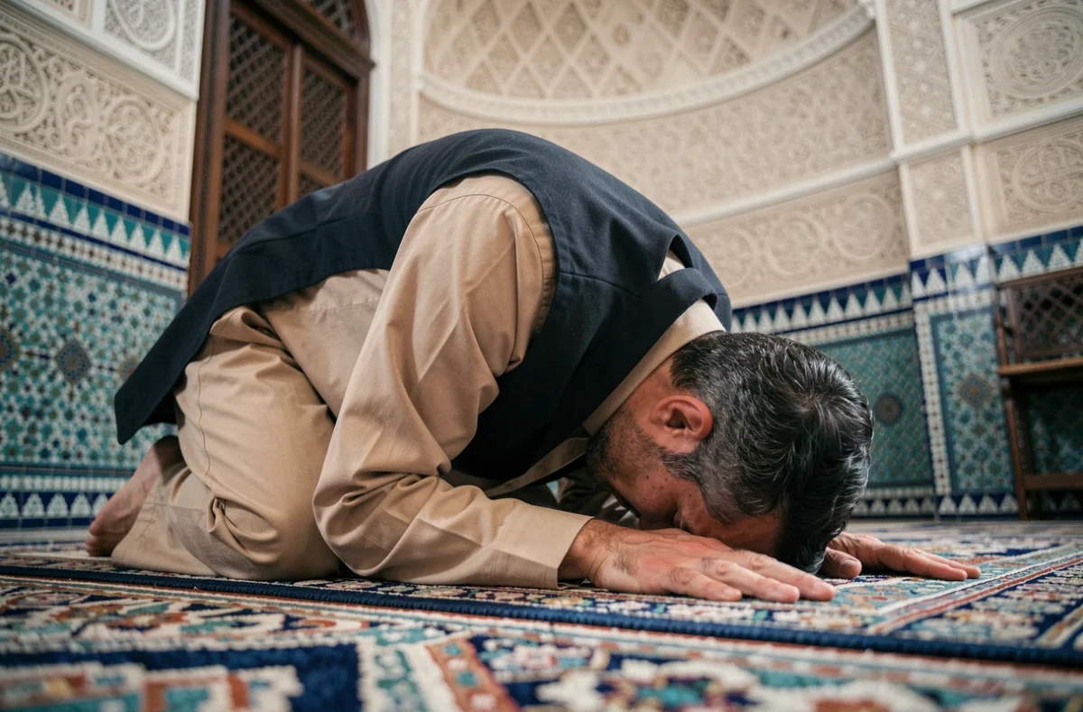 Homme en prosternation sur un tapis de prière dans une mosquée ornée de zellige à Marseille lors de la prière du vendredi
