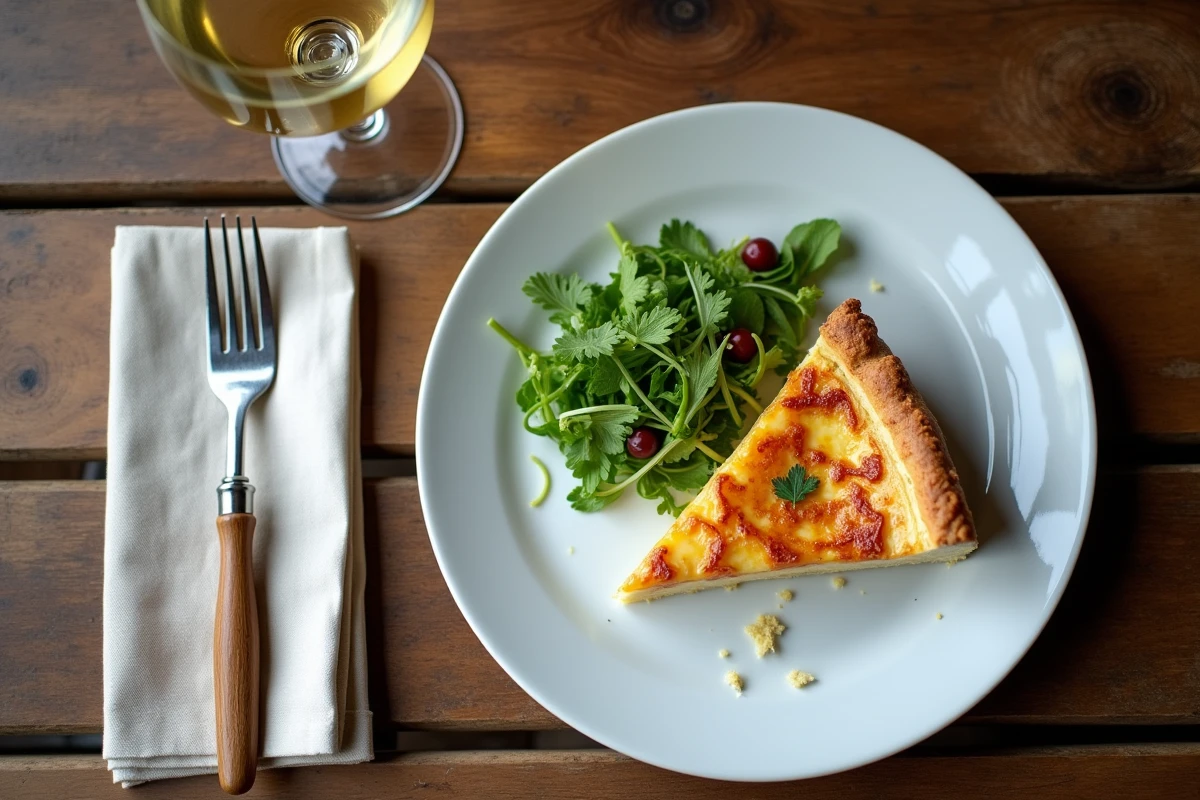 Quiche lorraine et verre de Pinot Gris servis dans un restaurant traditionnel à Saralbe