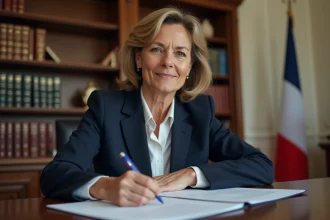 Femme fonctionnaire rédigeant une lettre administrative formelle avec formule de politesse dans un bureau officiel