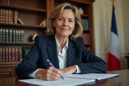 Femme fonctionnaire rédigeant une lettre administrative formelle avec formule de politesse dans un bureau officiel
