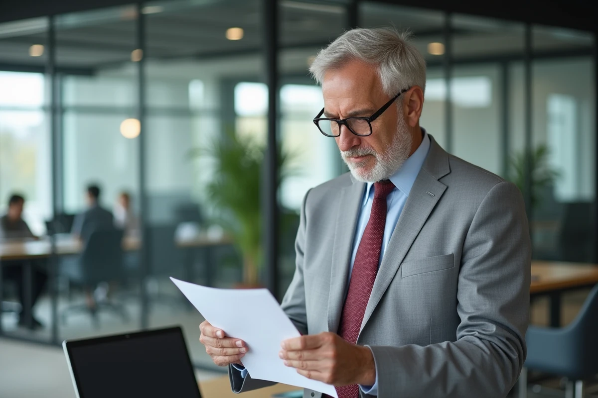 Fonctionnaire masculin relisant une lettre administrative avec formules de politesse réglementaires dans un bureau moderne