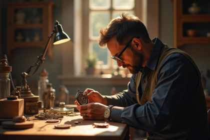 Horloger réparant montre ancienne au travail lumineux