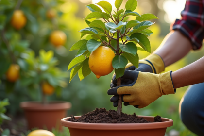 Personne repiquant un arbre citron dans un jardin ensoleille