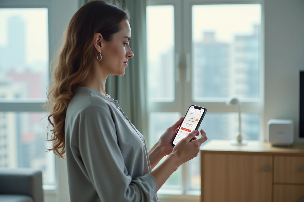 Femme utilisant une application mobile pour résilier son forfait Free et souscrire à un abonnement fibre