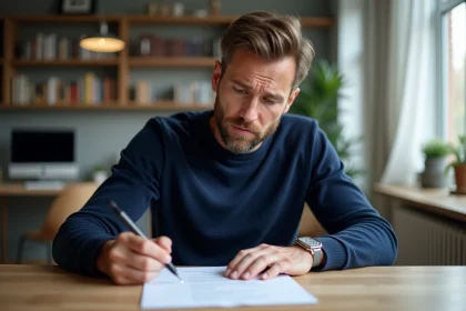 Homme lisant un contrat de forfait mobile Free avant de le résilier pour passer à la fibre optique