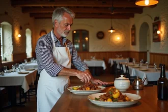 Chef alsacien-lorrain préparant une choucroute garnie dans un restaurant rustique à Saralbe