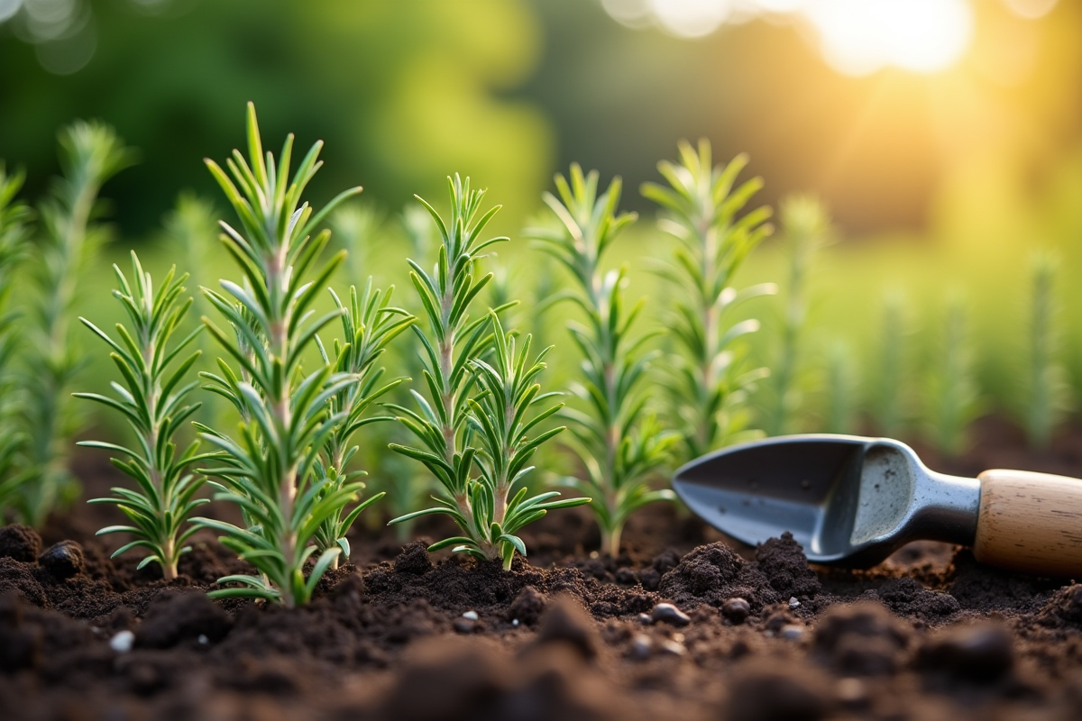 Jeunes plants de romarin en terre avec outils de jardinage au soleil
