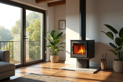 Salon moderne avec poêle à pellets et grande fenetre