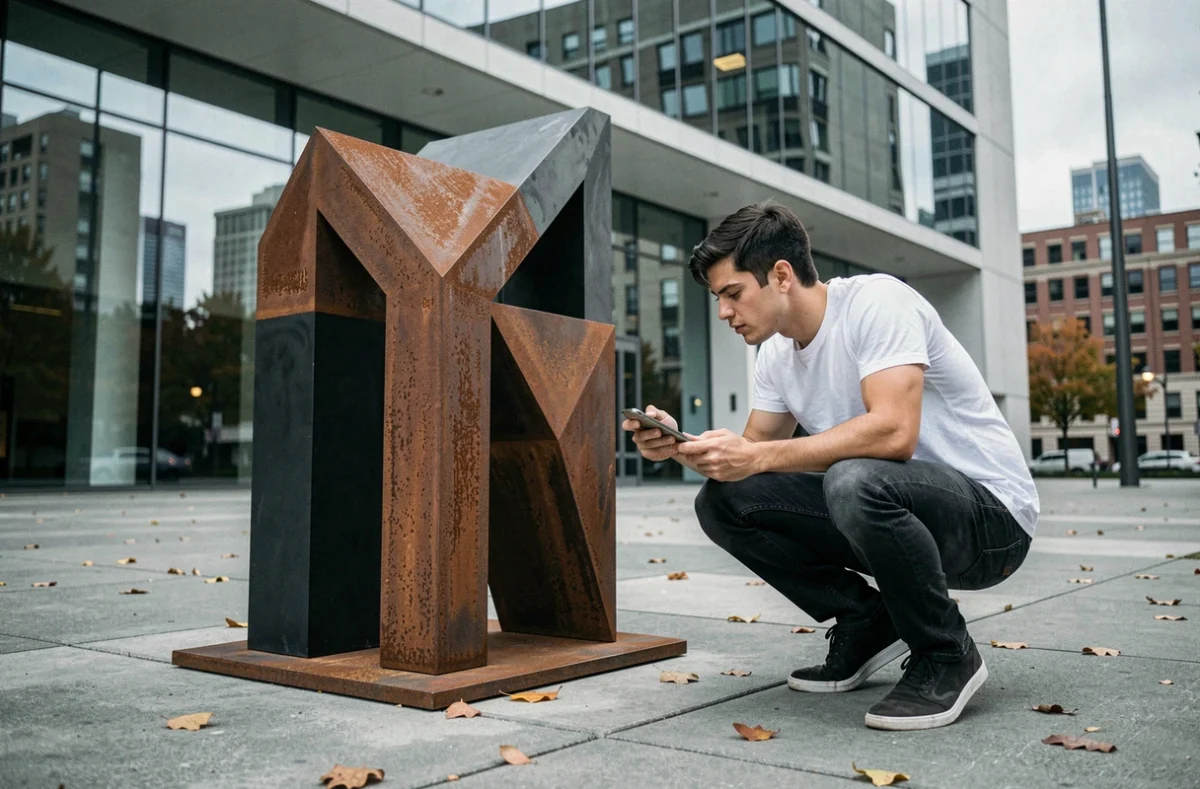 Jeune homme photographiant une sculpture abstraite en acier rouillé devant un musée d'art moderne, questionnant la définition de l'art abstrait