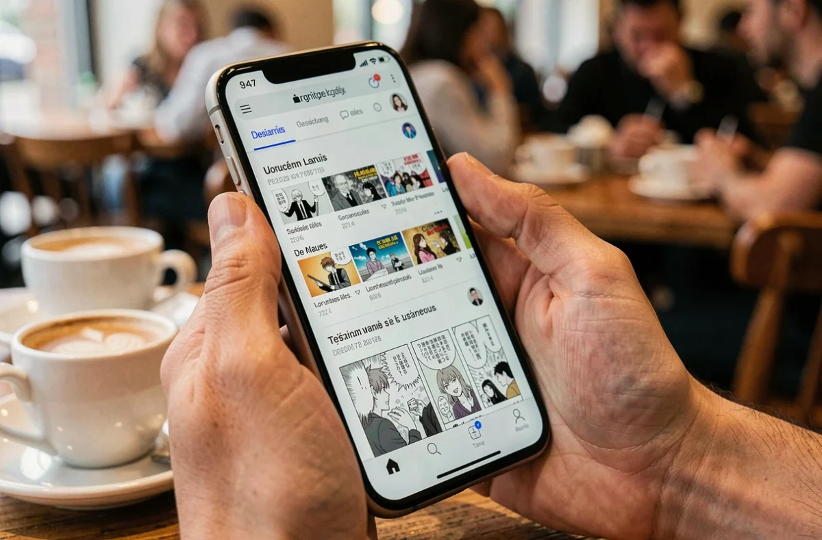 Gros plan sur un smartphone affichant un site de scans manga en français dans un café