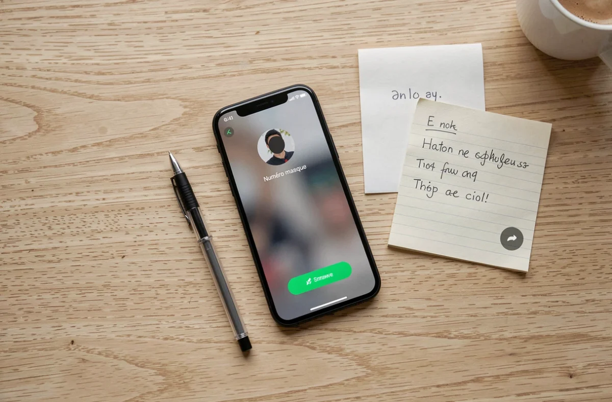 Vue du dessus d'un smartphone affichant un numéro masqué posé sur un bureau en bois avec un carnet de notes et un stylo