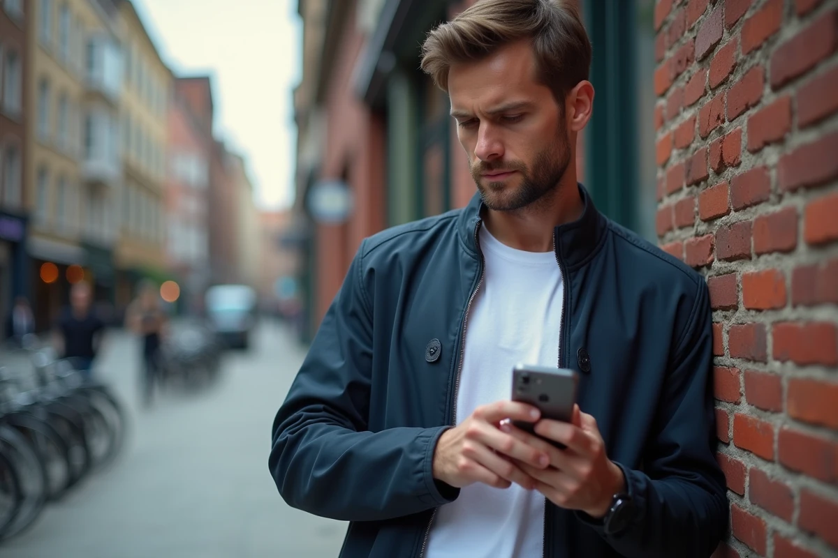 Homme consultant son téléphone pour envoyer un message confidentiel dans la rue
