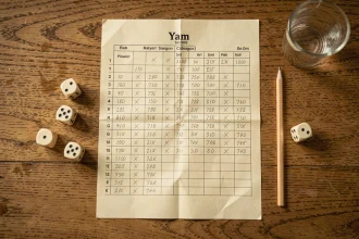 Tableau de Yam imprimé posé à plat sur une table en bois avec cinq dés et un crayon, vue de dessus
