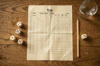 Tableau de Yam imprimé posé à plat sur une table en bois avec cinq dés et un crayon, vue de dessus